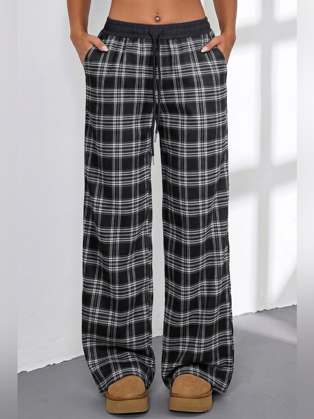 Plaid Wide-Leg Drawstring Pants - Picture 7 of 16